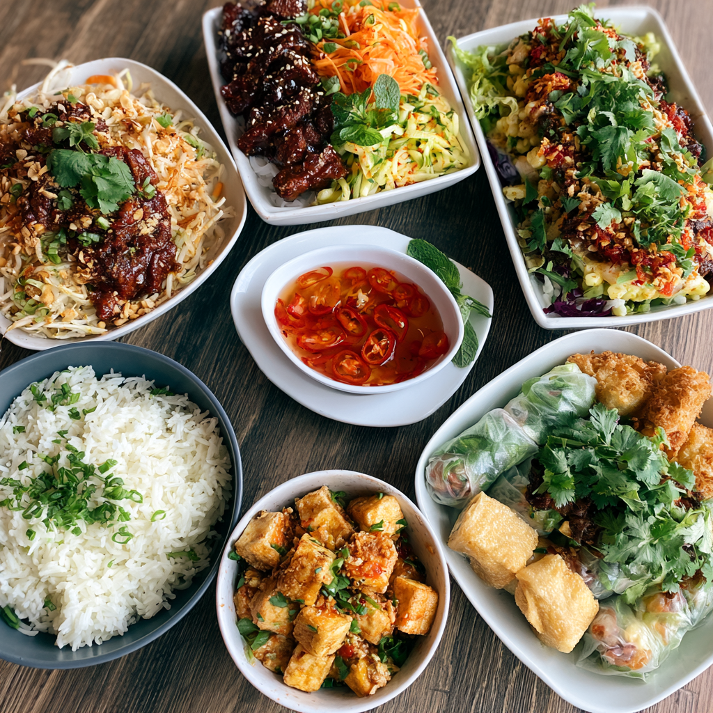 Auswahl veganer vietnamesischer Gerichte bei Veganmarket